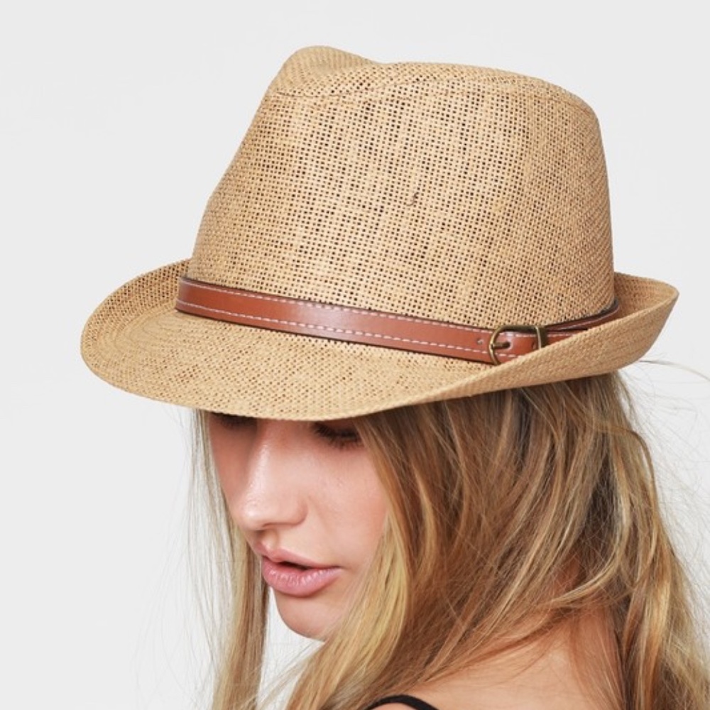 boho leather belted trim straw fedora - Picture 2 of 7